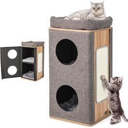 Кігтеточка-будинок для котів COSTWAY 3-ярусна сіра, з дошками для шліфування та 3 килимками, до 20 кг
