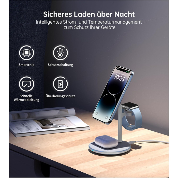 База для бездротової зарядки 3-в-1: iPhone, iWatch, AirPods, 15W, MagSafe, фіолетовий (світло-блакитний)