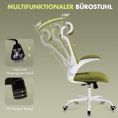 Офісне крісло Colamy з ергономічною підтримкою спини, регульованою підголівником та поперековою підтримкою, поворотне, (Зелений, Classic)