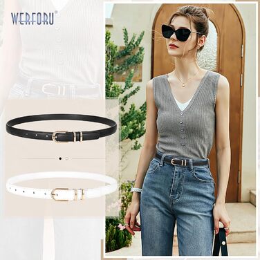 Жіночий тонкий шкіряний ремінь WERFORU (2 шт.) для джинсів та штанів. Ремінь з золотистою пряжкою, довжина 110 см, підходить для талії 80-92 см (чорний+білий)