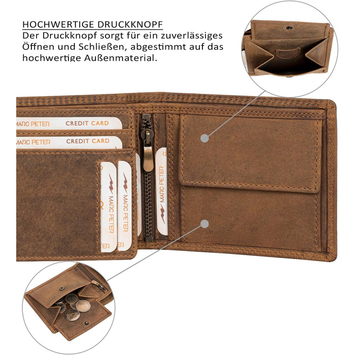 Marc Peter® Genuine Leather Wallet Hanover | Wallet for Men with RFID Protection | Large 10 Compartments Card Holder | Vintage Brown Portemonnaie