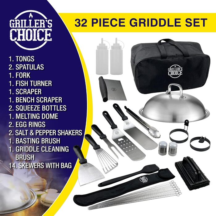 Набір аксесуарів для гриля Grillers Choice з нержавіючої сталі, професійний комплект інструментів для хібачі та барбекю, 32 предмети