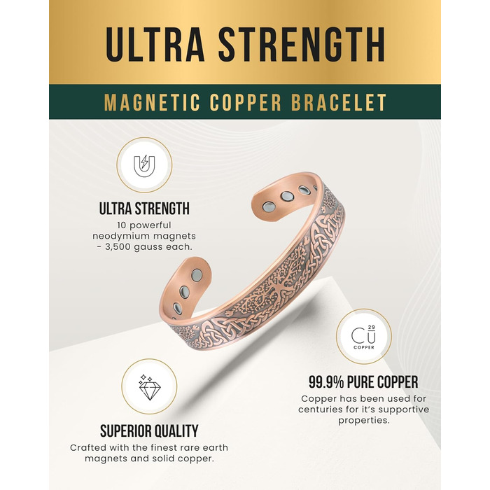 Браслет на руку чоловічий MagnetRX® з чистої міді – Мідний браслет для чоловіків для магнітної терапії – Ідеально при артриті та синдромі карпального тунелю – З інструментом для регулювання розміру (Ірландський бамбук, Copper Cuff)