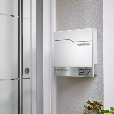 Поштовий ящик Metzler Thobe сучасний, сталевий корпус з нержавіючої сталі, з табличкою для імені, білий, з відділенням для газет