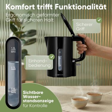 Електричний чайник Clatronic WK 3834 чорний, 1 л, 900 Вт, BPA Free, з індикатором рівня води та захистом від перегріву