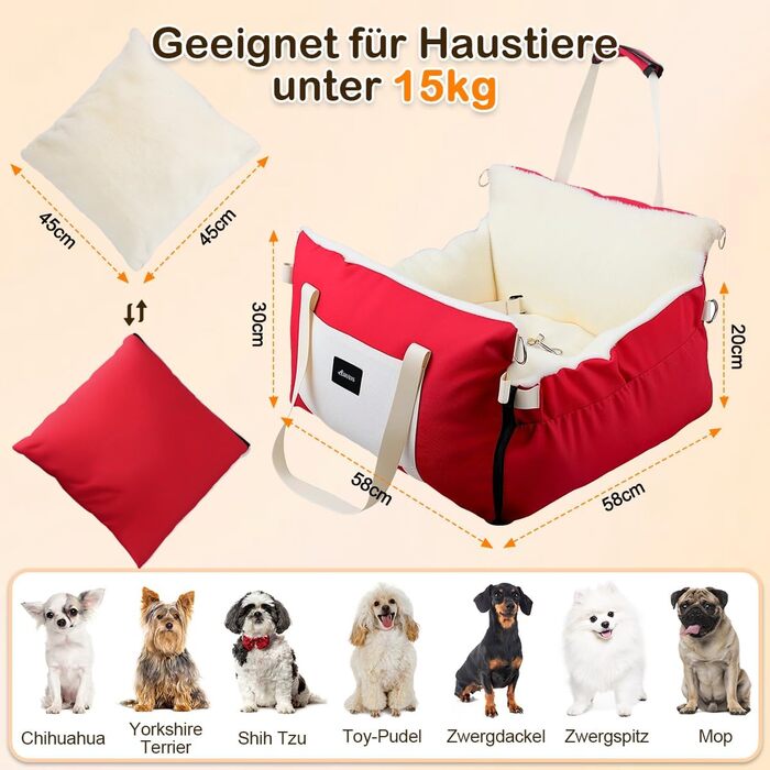 Автокрісло для собак 3-в-1 – переносна лежанка для маленьких собак, з м'яким матрацом, для переднього або заднього сидіння, внутрішнє та зовнішнє використання (червоний)