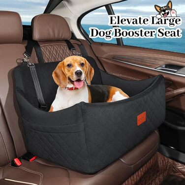 Wooaidagg Memory Foam Dog Car Seat - Washable & Detachable Pet Bed for Medium & Large Dogs - Includes 2 Leashes (Black, Large)