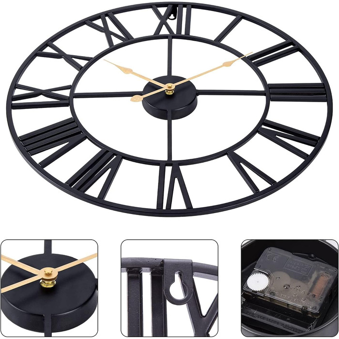 ACCSHINE Wall Clock Large No Tick Noise Silent Roman Numeral Quartz Battery Operated Wall Clock Easy to Read for Rooms Home Kitchen Bedroom Office School (Black+gold, 40cm)