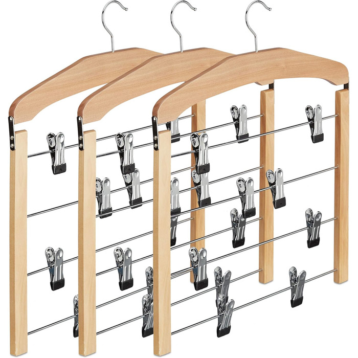 Relaxdays Wooden Trouser Hangers, 3-Piece Set, 360° Swivel Hook, Non-Slip Clothes Hangers, HBT: 45.5x39x2.5 cm, Natural, Pack of 3