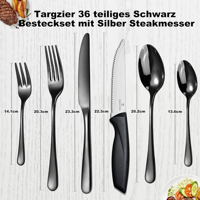 Набір столових приборів на 6 осіб, Targzier, 36 предметів, нержавіюча сталь, з ножем для стейка, преміум-якість, для сім'ї/вечірки/готелю, чорний, придатний для миття в посудомийній машині