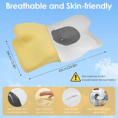 Ортопедична подушка Gaethra з Memory Foam для шиї, регульована висота, 63 x 34 x 9/12 см, білий