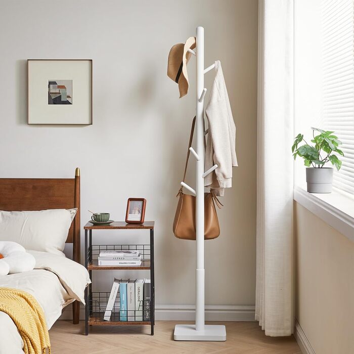 YMYNY Solid Wood Wardrobe Rack, Thickened Square Base, Tree-Shaped Clothes Rack, 3 Adjustable Heights, 8 Hooks, Freestanding, Sturdy, for Bag, Clothing, Living Room, White HCR002W