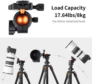 Подорожній штатив для камери K&F Concept 160 см, алюмінієвий трипод для DSLR з панорамною кулею 360° та швидким затискачем