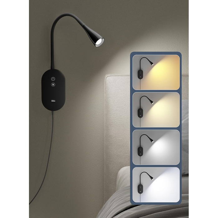 Нічна LED лампа для читання Wandleuchte з USB, 5 рівнів яскравості, сенсорне управління, гнучкий кронштейн, автовимкнення (Чорна)