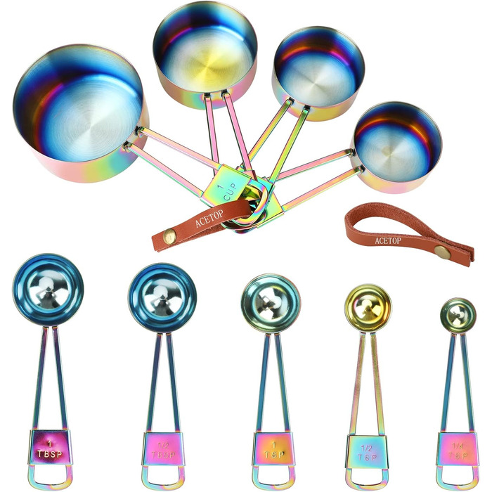 Intsun Measuring Spoon and Cup Set, Stackable Stainless Steel Measuring Cups and Spoons, Multicolor, with Engraved Measurements and Highly Polished Measuring Cup Set for Cooking, Mixing, and Baking
