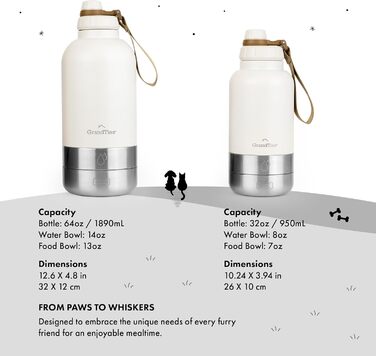 Ізольована портативна пляшка для води для собак GrandTies з двома знімними мисками, вилка-поїльник, водонепроникний контейнер для корму, аксесуари для собак для прогулянок, походів, кемпінгу (950 мл, пудрово-зелений) Ivory White Medium 32oz/950mL