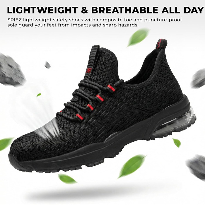 Захисні черевики SPIEZ для чоловіків та жінок, легкі робочі черевики з композитною захисною шапкою, неслизькі з повітряною подушкою для комфорту, чорно-червоні, розміри EU 36–46