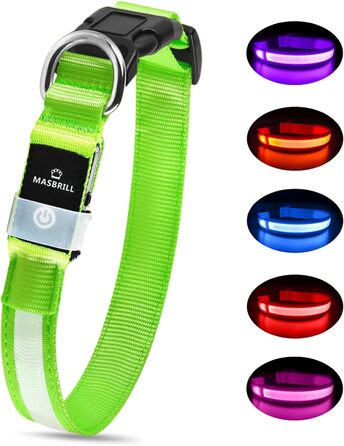Світловідбиваючий нашийник для собак MABRILL з LED підсвічуванням, водонепроникний, регульований, 3 режими світла, зелений (L)