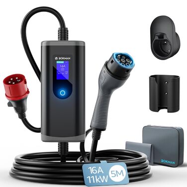 Кабель для зарядки електромобілів Bokman Typ 2 з CEE роз'ємом, 5 метрів, 6-16A, 11kW, 3-фазний, IP65 вологостійкий, портативний зарядний пристрій для електромобілів, мобільна зарядка, станція зарядки, IEC 62196-2, з сумкою та мікрофіброю