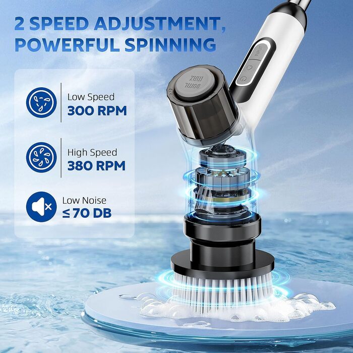 Електрична щітка для прибирання з акумулятором 3000mAh, 7 насадок, регульована ручка, IPX7 водонепроникність, 2 швидкості, для ванної кімнати та плитки, кремово-білий колір (Коричнева Хмара)