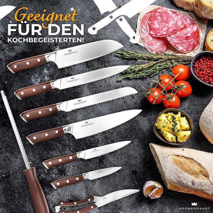 Набір кухонних ножів Kronenkraft 9-ти частинний з підставкою: шеф-ніж, ніж для хліба, сантоку, кухонний ніж, куряча шкребка, точилка. Зручний дерев'яний руків'я.