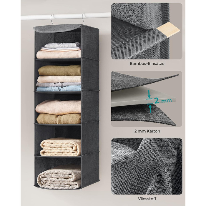 Організатор для шафи SONGMICS, навісний, складний, з металевими гачками та бамбуковими вставками (сірий, 2 шт.)