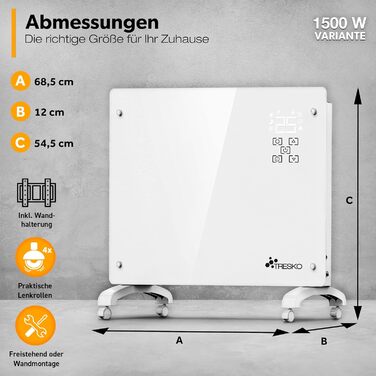Конвектор TRESKO® з Wi-Fi, склокерамічний, 2000 Вт | Електричний нагрівач з LED-дисплеєм та таймером | Настінний/підлоговий, білий