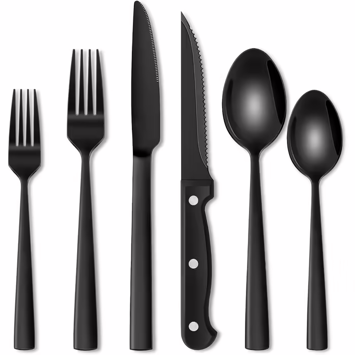 36-Piece Stainless Steel Cutlery Set with Steak Knives Black, Cutlery Set for 6 People, Elegant Dining Cutlery Set with Knife, Fork, and Spoon, Table Cutlery for Home/Party/Restaurant, Dishwasher Safe