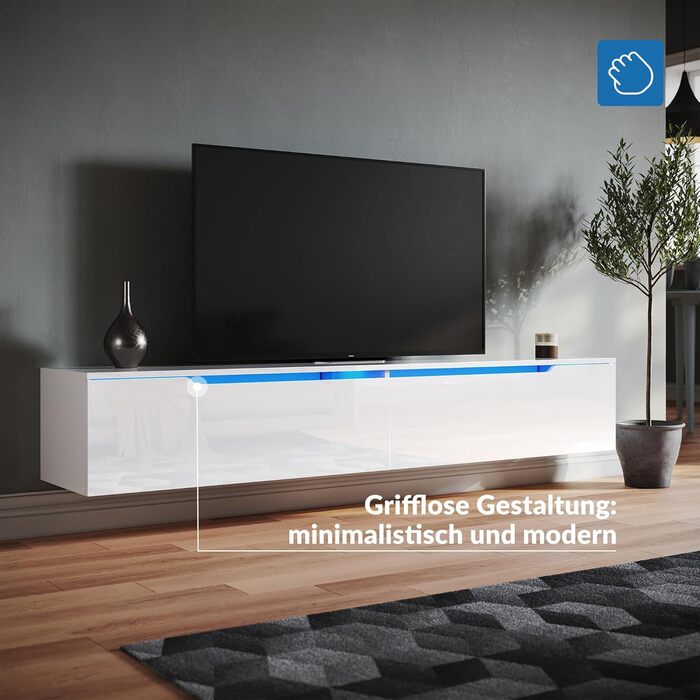 Підвісна ТВ тумба SONNI 180x35x30 см, білий глянець, з LED-підсвіткою 12 кольорів, без ручок, сучасний телевізійний стіл