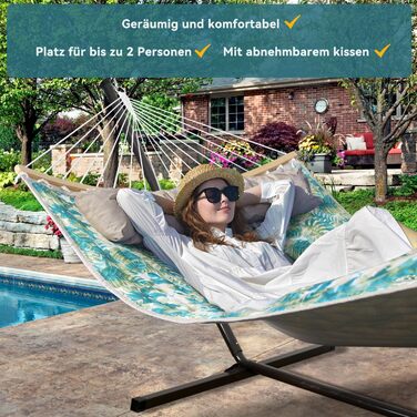 Bathonly Large Outdoor Double Hammock for 2 People, 3m Double Hammock, Quilted Fabric Swing with Foldable Curved Rod, Detachable Pillow, Carry Bag, Holds up to 204 kg (Blueleaves)