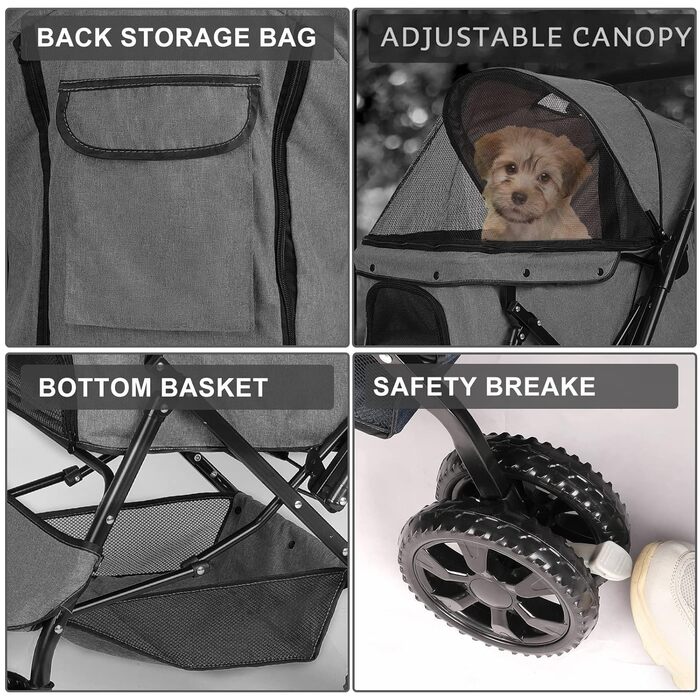 Візок для собак Wedyvko до 20 кг, 4 колеса, складний, для маленьких та середніх собак/кішок, з кошиком для зберігання та тримачем для напоїв (A-темно-сірий)