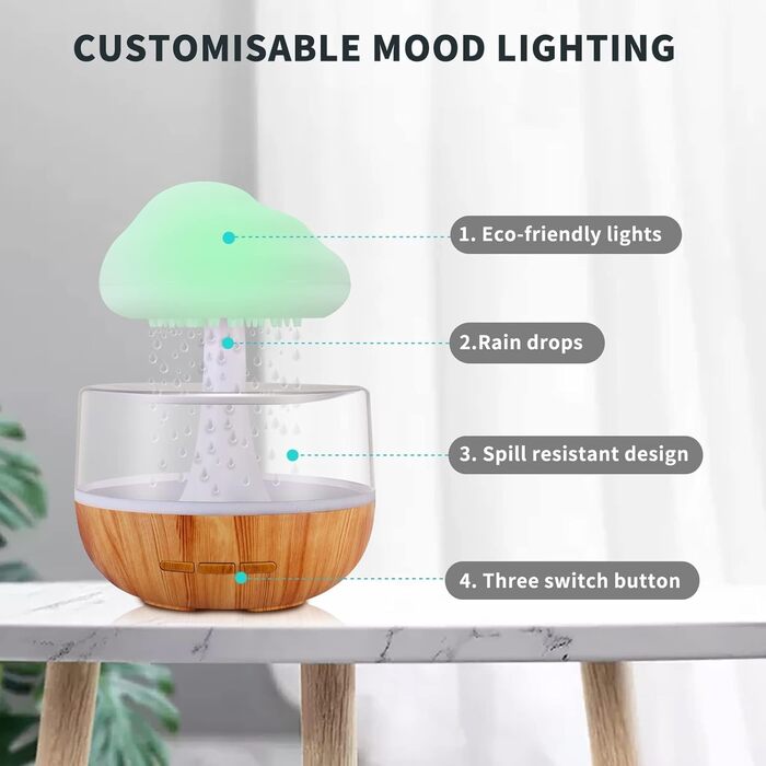Зволожувач повітря у вигляді дощової хмарки з LED-підсвіткою, нічник Weljoy, 7 кольорів, звуки дощу для сну та релаксації, для спальні