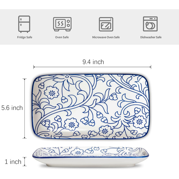 Набір сервірувальних тарілок Selamica Keramik, прямокутні, 4 шт, 24 см, для закусок, суші, фруктів, вінтажний блакитний колір