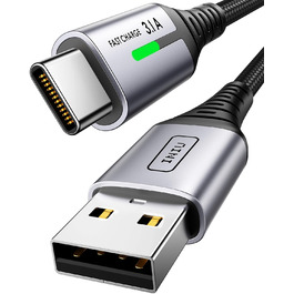 Кабель USB-C 2м з LED-підсвічуванням, швидка зарядка 3.1A, нейлон, чорний - сумісний з iPhone 15, Samsung Galaxy, Google Pixel