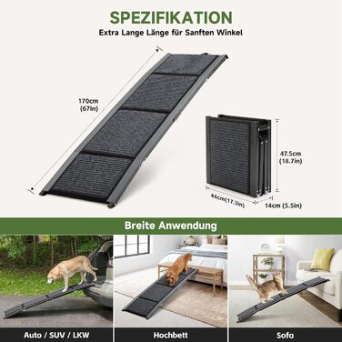 Рампа для собак Fellie - складана, для великих, середніх та малих собак, до 100 кг, 170 см