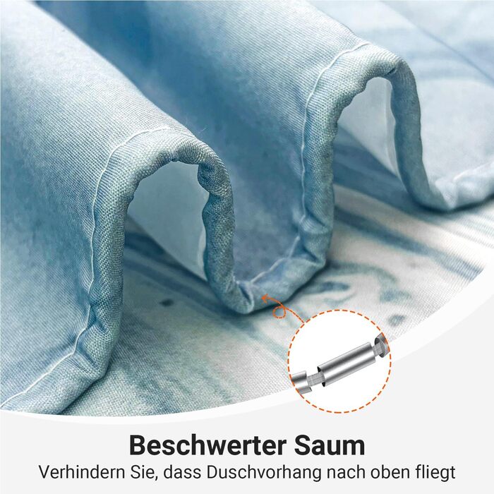 Штора для душу 180x200 см з утяжеленим краєм, антигрибкова, водовідштовхувальна, поліестер, з кільцями (Блакитний градієнт мармуру)