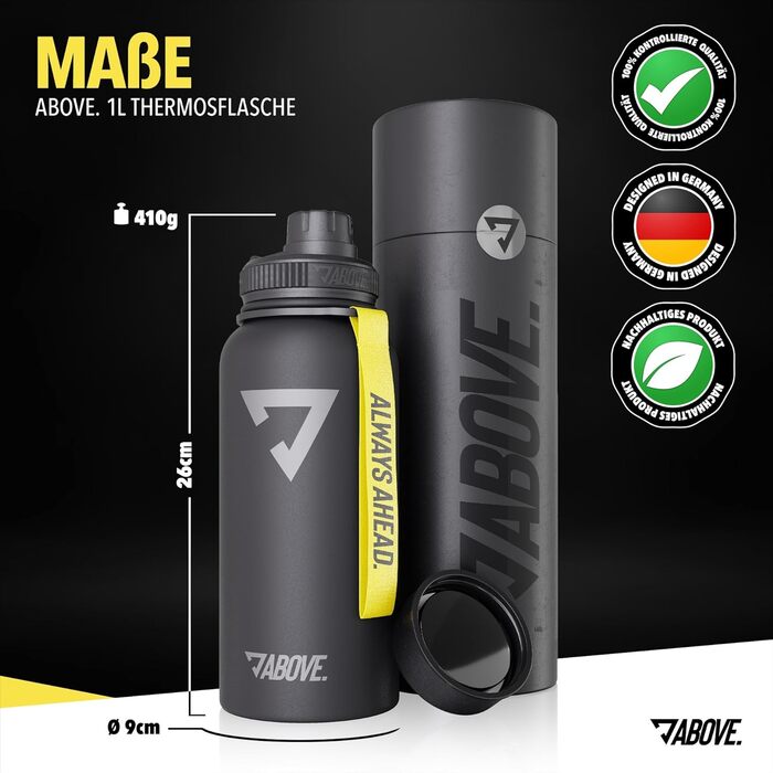 Термопляшка ABOVE Edelstahl 1л, чорна: нержавіюча сталь, BPA-free, 12 год гаряче/24 год холодне, для фітнесу, спорту, прогулянок
