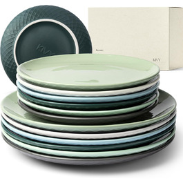 KIVY Dinnerware Set for 6 People [Scratch & Dishwasher Safe] 6x27cm + 6x22cm - Plate Set 12-Piece Modern - Dinnerware Set - Combination Service - Green Dinnerware Set - Dinner Plates - Dessert Plates - Dinnerware