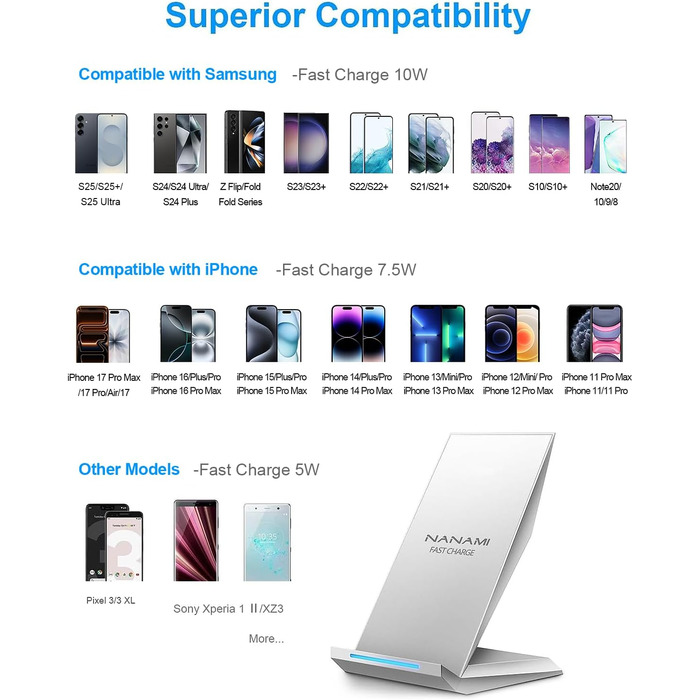 Бездротовий зарядний пристрій NANAMI для iPhone 17/16/15/14/13/12/11 Pro Max/XS/XR/X/8+, Samsung Galaxy S26/S25/S24/S23 - Швидка індуктивна зарядка, сріблястий колір
