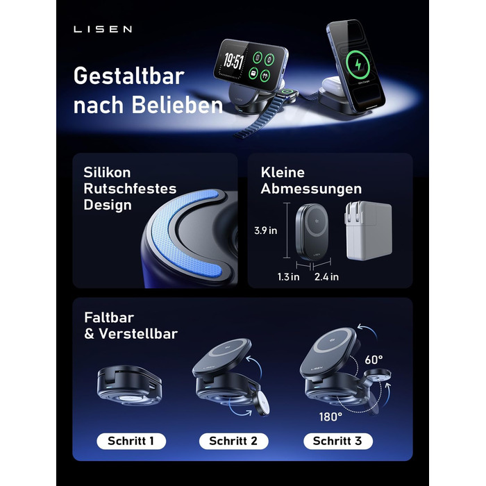 Зарядна станція LISEN 3-в-1 MagSafe для Apple iPhone, Apple Watch та AirPods (25W, Qi2.2) з мережею 45W