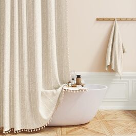 Штора для ванної BTTN 180x200 см, Бохо-стиль Farmhouse, водовідштовхуюльна тканина з рустикальними смугами та китицями, бежева (1 шт, 12 гачків)