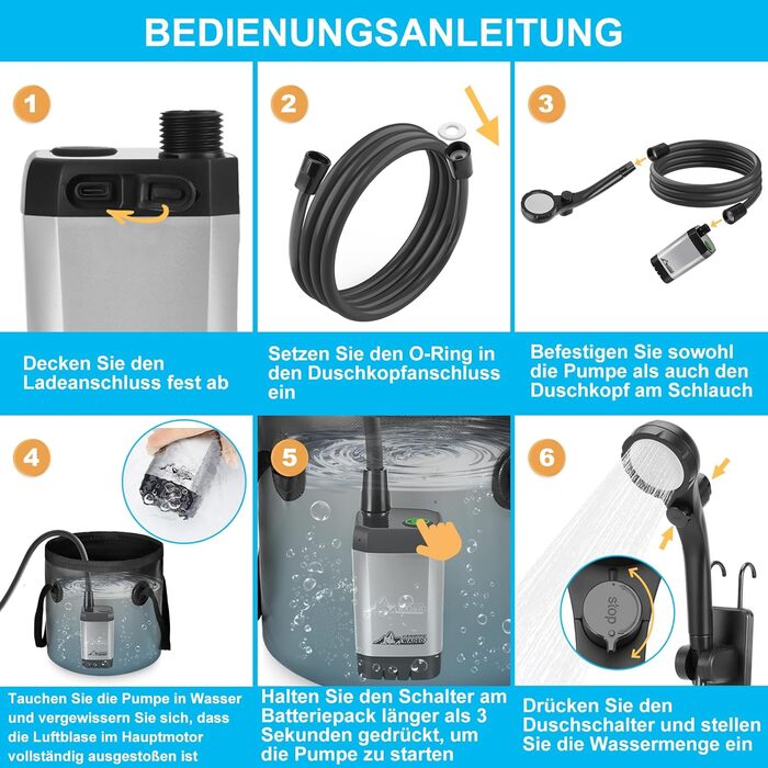 Портативна душова кабіна WADEO для кемпінгу з акумулятором та насосом, 6000-8000mAh, мобільний душ для відпочинку, подорожей, автомийки, сірого кольору, з індикатором температури та заряду акумулятора