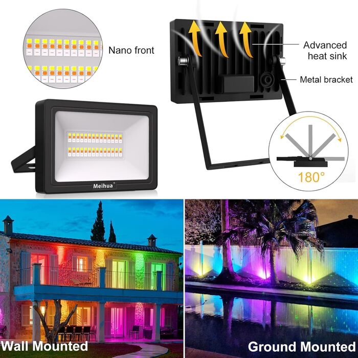 MEIHUA RGB LED Floodlights 2 Pack with Remote Control, IP66 Waterproof Outdoor Floodlight, 10 Colors, 12 Modes Color Changing, Dimmable, Indoor/Outdoor Floodlight with Timer and Memory Function for Garden, Tree, Landscape (35W)