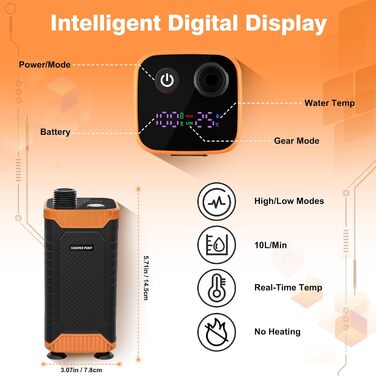 Акумуляторний душ для кемпінгу Uplayteck 8000mAh з насосом, лійкою та шлангом 2м, IPX8 водонепроникний, з індикатором температури та фільтром для подорожей, кемпінгу, саду