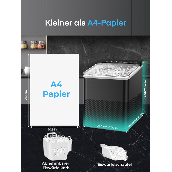 Машина для приготування льоду FOHERE, 14 кг/24 год, 9 кубиків за 5 хвилин, самоочисна, з лопаткою та кошиком, 2 розміри кубиків, для дому/офісу/бару/RV