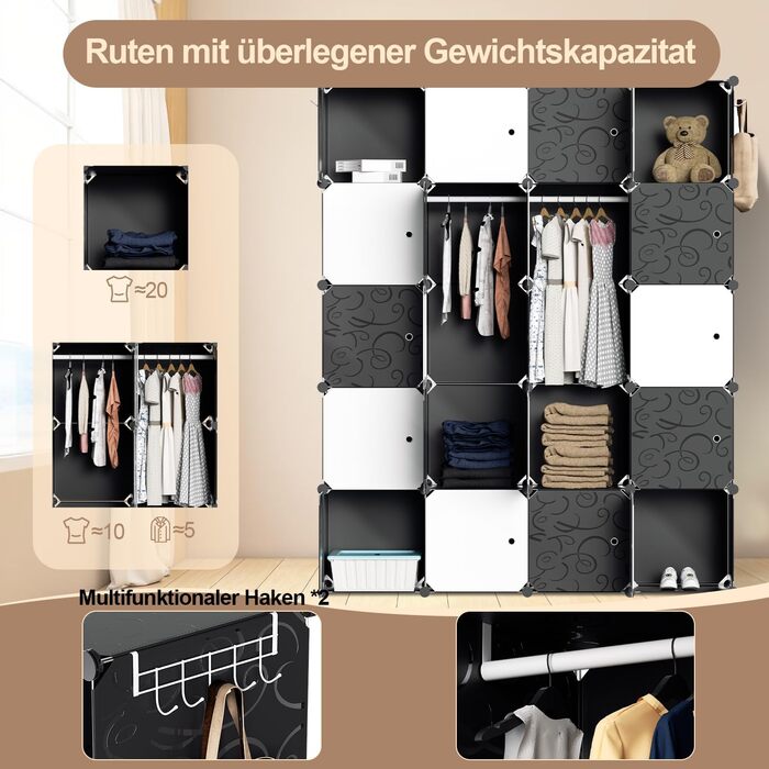 DIY Closet Shelf System, 16 Cubes Wardrobe Closet, Open Closet, Plastic Wardrobe with Doors, Wardrobe Cabinet, Black, 180 x 142 x 37CM (Black and White, 20 Cubes)