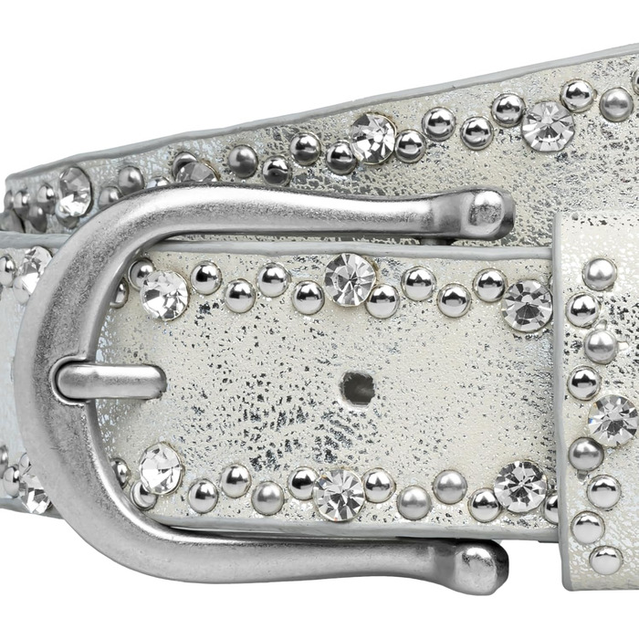 Жіночий ремінь Caspar GU292 сріблястого кольору з непомітним декором зі страз та заклепок, розмір 105-115 см