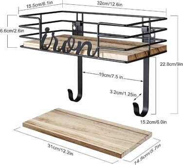 Настінна підставка для праски та прасувальної дошки TJ.Moree, металева з кошиком та дерев'яною дощечкою, чорна