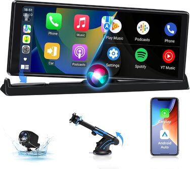Автомобільний дисплей 10,26'' CarPlay/Android Auto з сенсорним екраном, підставкою, камерою заднього виду, GPS-навігацією, підтримкою Siri/Google для авто 2025, Buddy Display