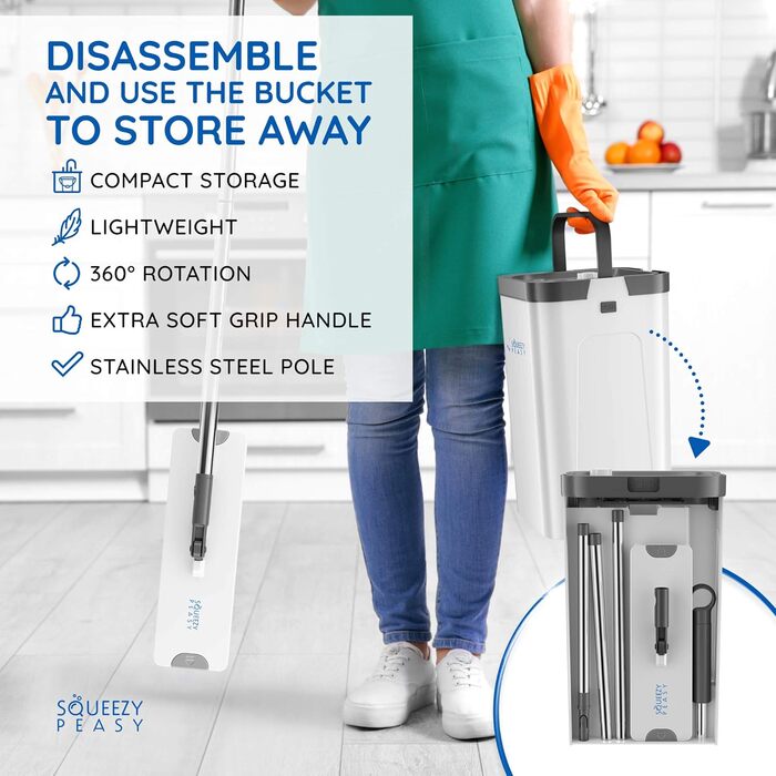 Преміум-набір для миття підлоги SqueezyPeasy з відром: 3-камерна система, 360° обертання, компактний та легкий